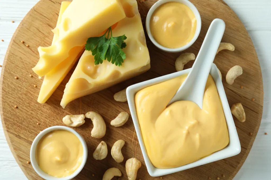 different cheese types and bowls of cheese sauces on a board